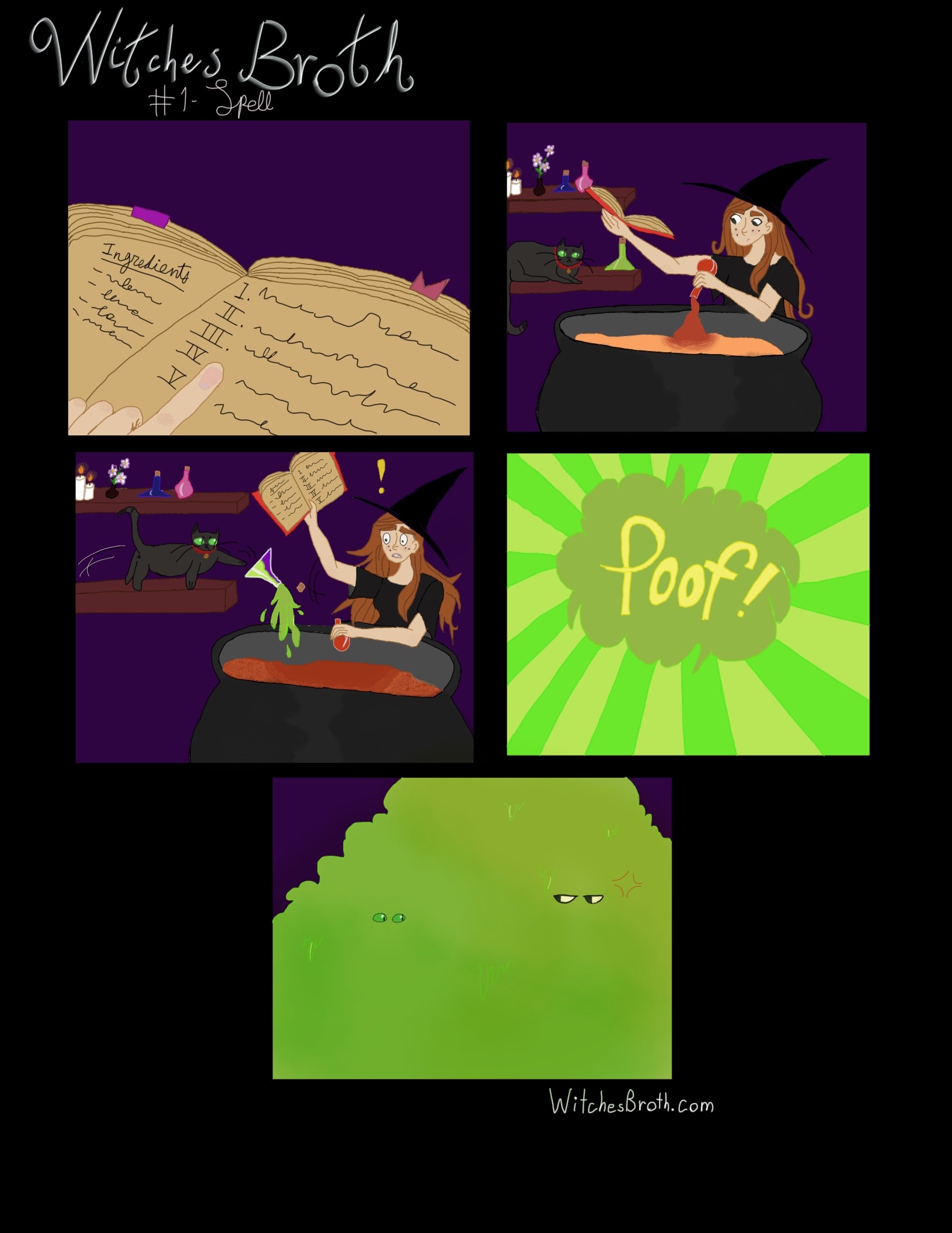 Five panel comic. The first panel is an open spell book. The second panel shows a witch brewing a potion with cat in the background. The third panel shows the cat knocking another liquid into the potion cauldron. The fourth panel says "Poof!" in a cloud of green smoke. The last panel shows two sets of eyes in the cloud of smoke. The witch's eyes are glaring at the cat's eyes.