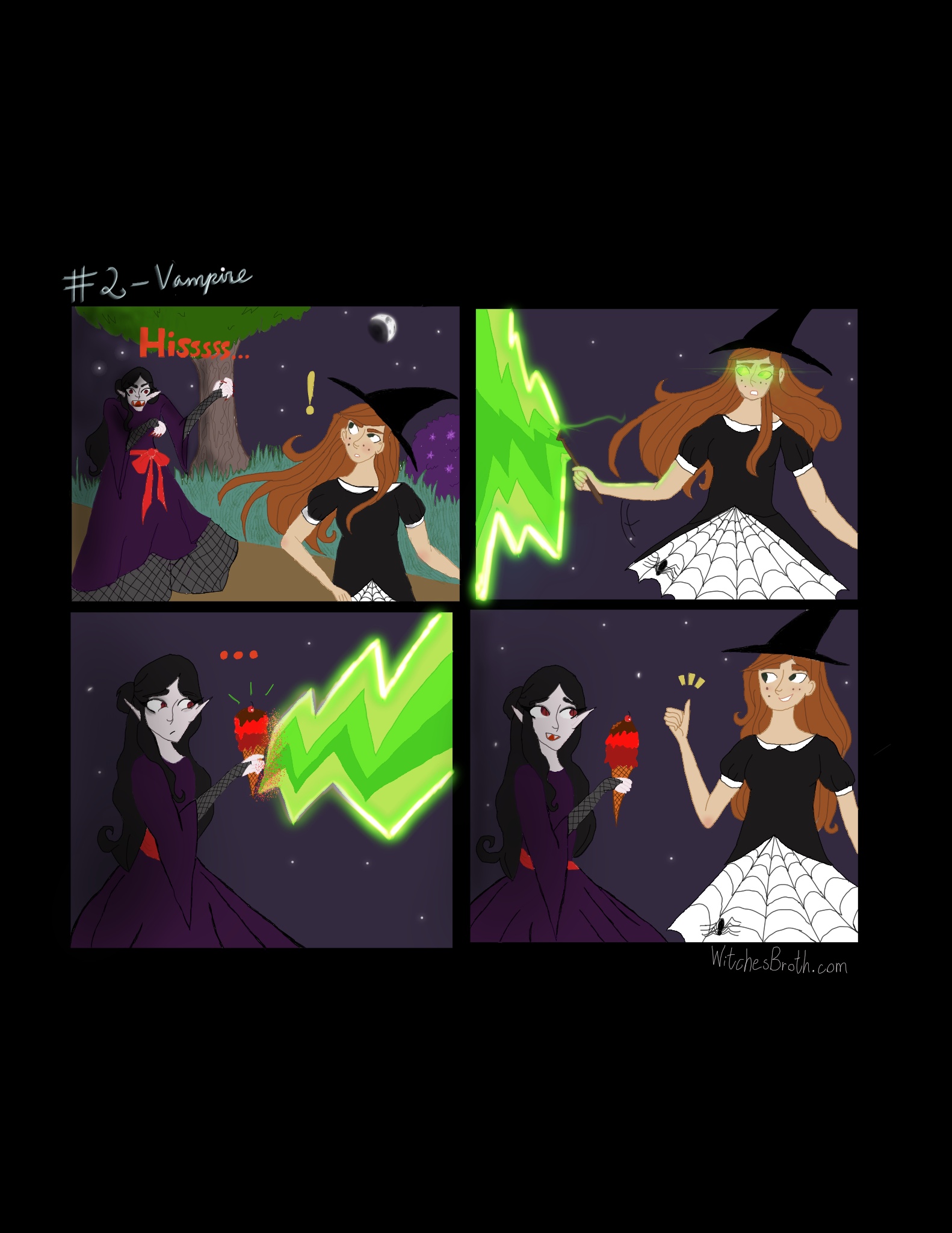 First Panel: a witch is startled by a vampire. Second Panel: The witch uses her wand, creating a green glow. Third panel: The green glow creates an ice cream cone for the vampire. Fourth Panel: The vampire is happy with her ice cream, the witch gives her a thumbs up.