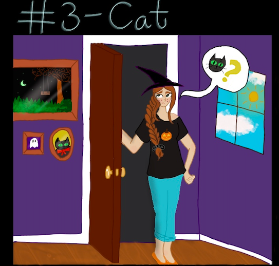 Panel One: The witch walks into the room, looking for her cat.