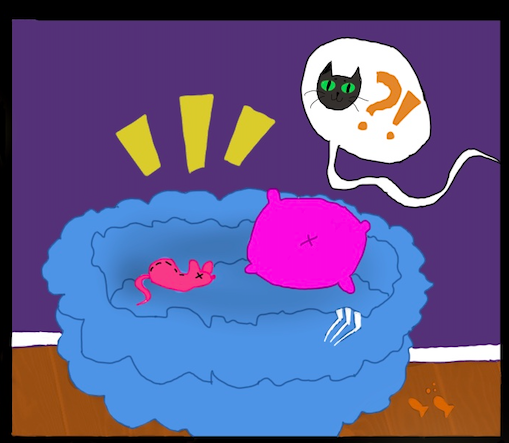 Panel Two: The cat's bed is empty, so the witch calls for the cat again.