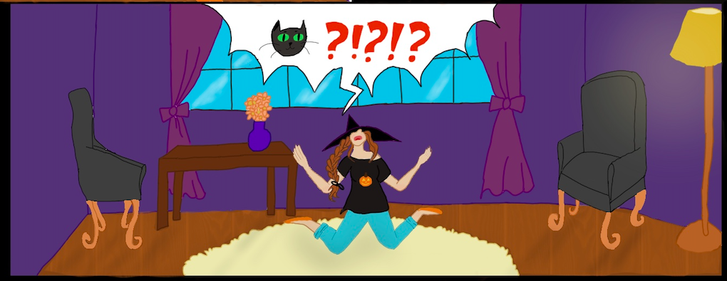 The witch goes to the center of the room and calls dramatically for the cat, who is still missing.