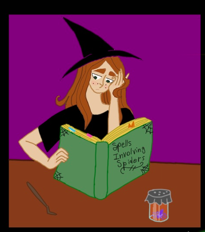 Panel Two: the witch is sitting at her desk reading a book called "Spells Involving Spiders" while looking bored.