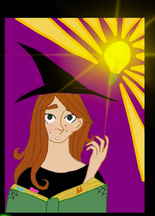  Panel Three: The witch gets an idea, and there is a lightbulb above her head.