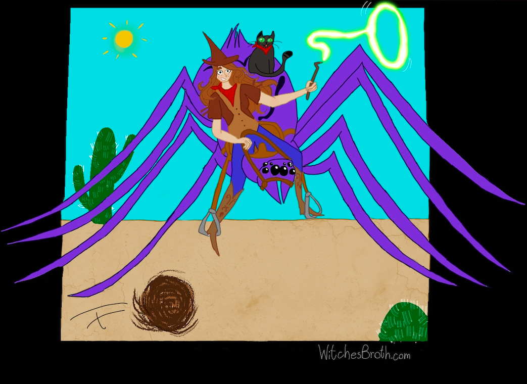  Panel Four: The witch is dressed like a cowgirl and is riding the now giant spider through the desert with her cat.