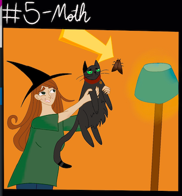 Panel 1: a moth is on the wall, and Lily is holding Doom the cat up so he can eat it. 