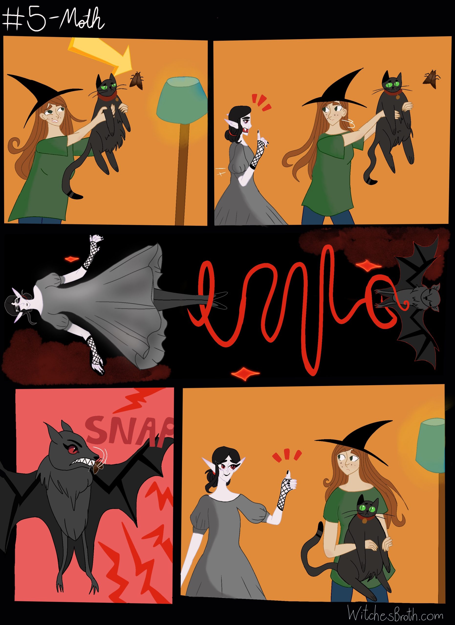 Panel 1: a moth is on the wall, and Lily is holding Doom the cat up so he can eat it. Panel 2: Serafina walks into the room, then gets Lily's attention. Panel 3: Serafina transforms into a bat. Panel 4: Serafina the bat eats the moth. Panel 5: Serafina, back in human form, gives Lily a thumbs up while she and Doom look concerned at her.