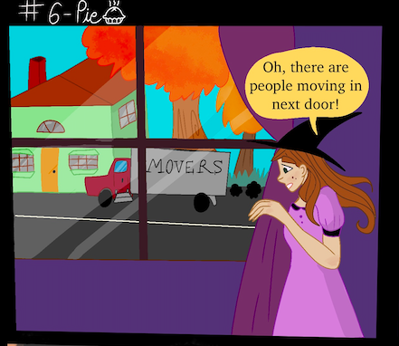 Panel 1: Lily sees a moving truck outside her window and says: "There are people moving in next door!"