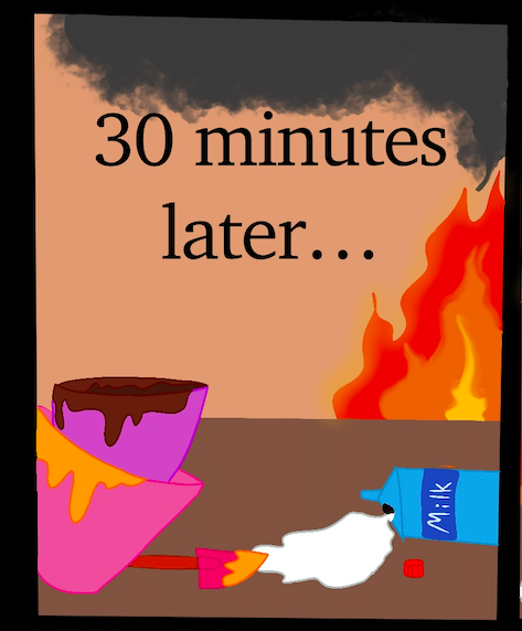 Panel 3: Text: 30 minutes later. The background is on fire and there is a mess on the counter.