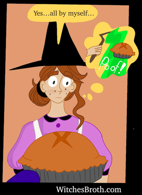 Panel 8: Lily says: "Yes...all by myself..." and her thought bubble shows her making the pie with her magic wand.