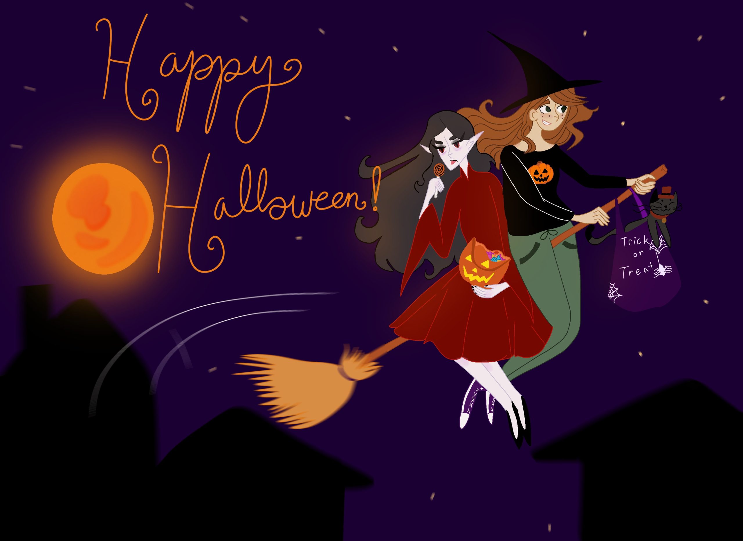 Serafina, Lily, and Doom are flying on a broom over houses. In the background there is an orange moon the words "Happy Halloween!".