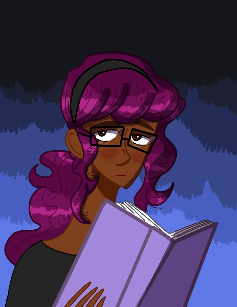 Stella Bell's character portrait: Stella is reading a book.