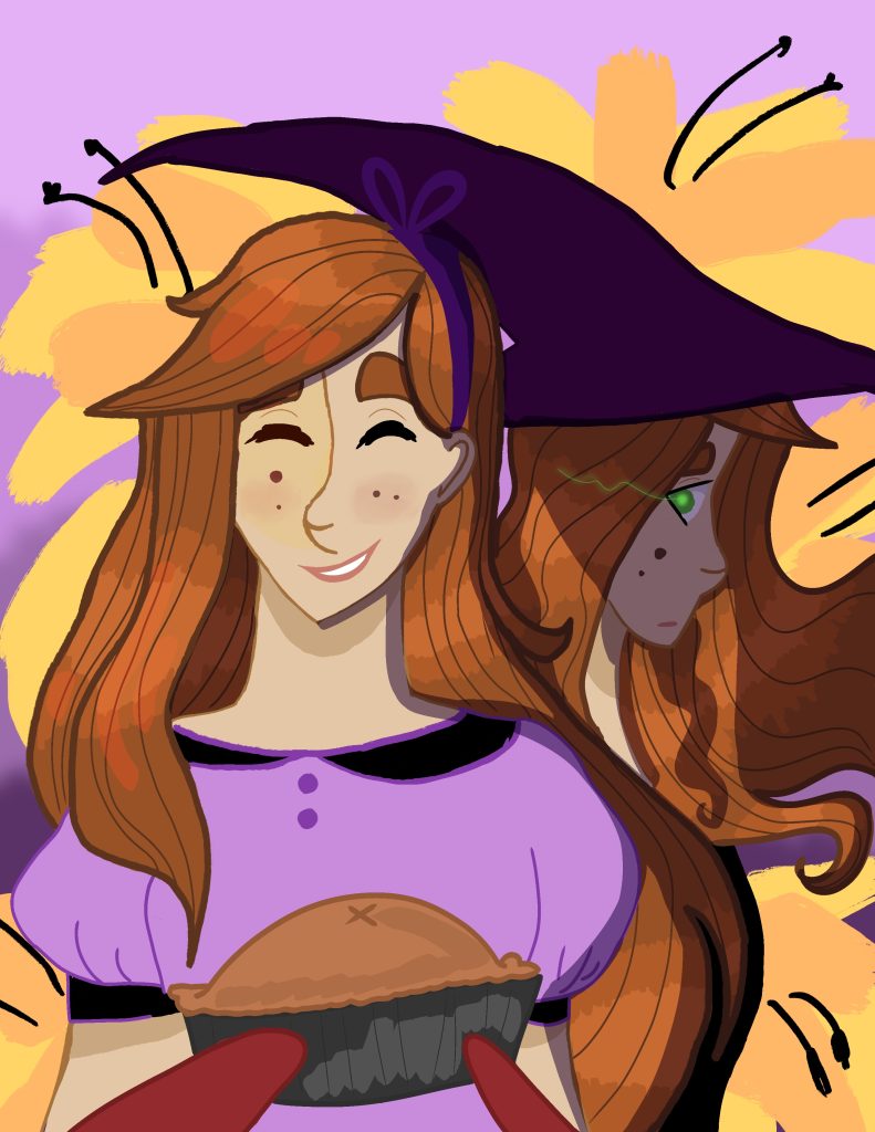 Lily's Character Portrait. In the foreground she is smiling and holding a pie, in the background she is wearing a witch hat and has glowing eyes.