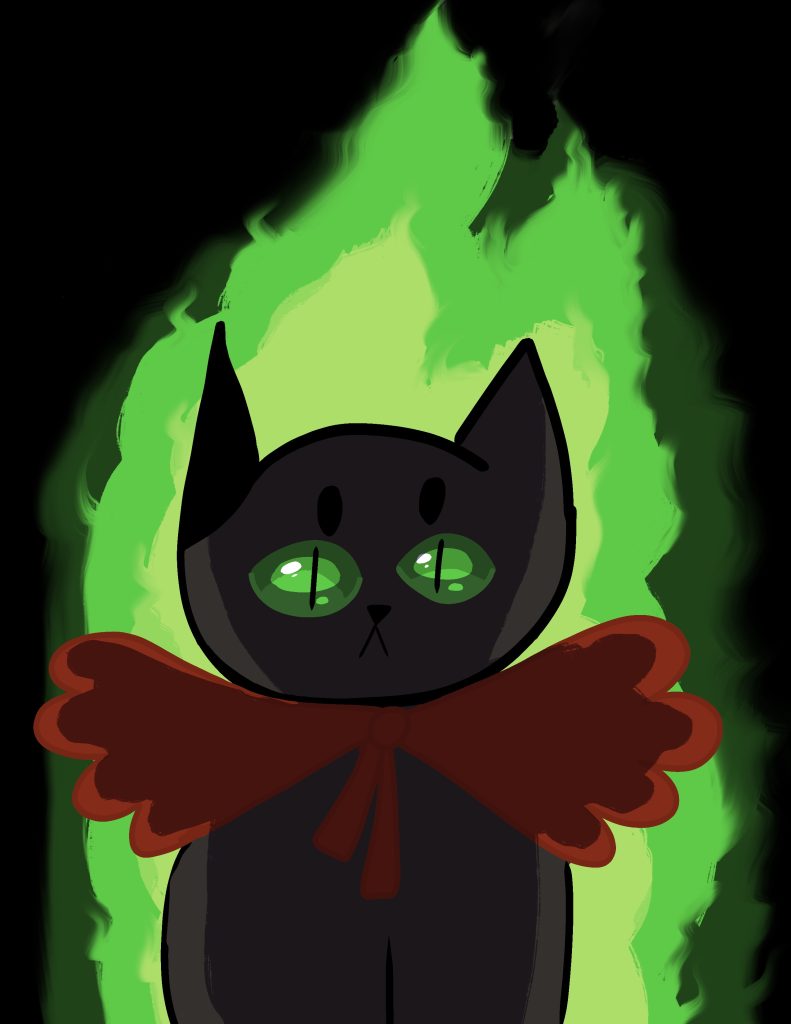 Doom's Character portrait: Doom is wearing a large red bow and is backlit by a green fire.